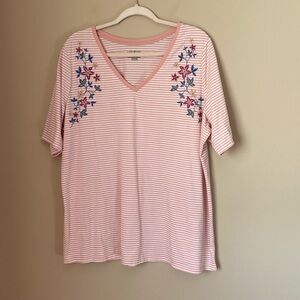 Lane Bryant Peach and White Striped Short Sleeve Shirt with Flowers Size 18/20